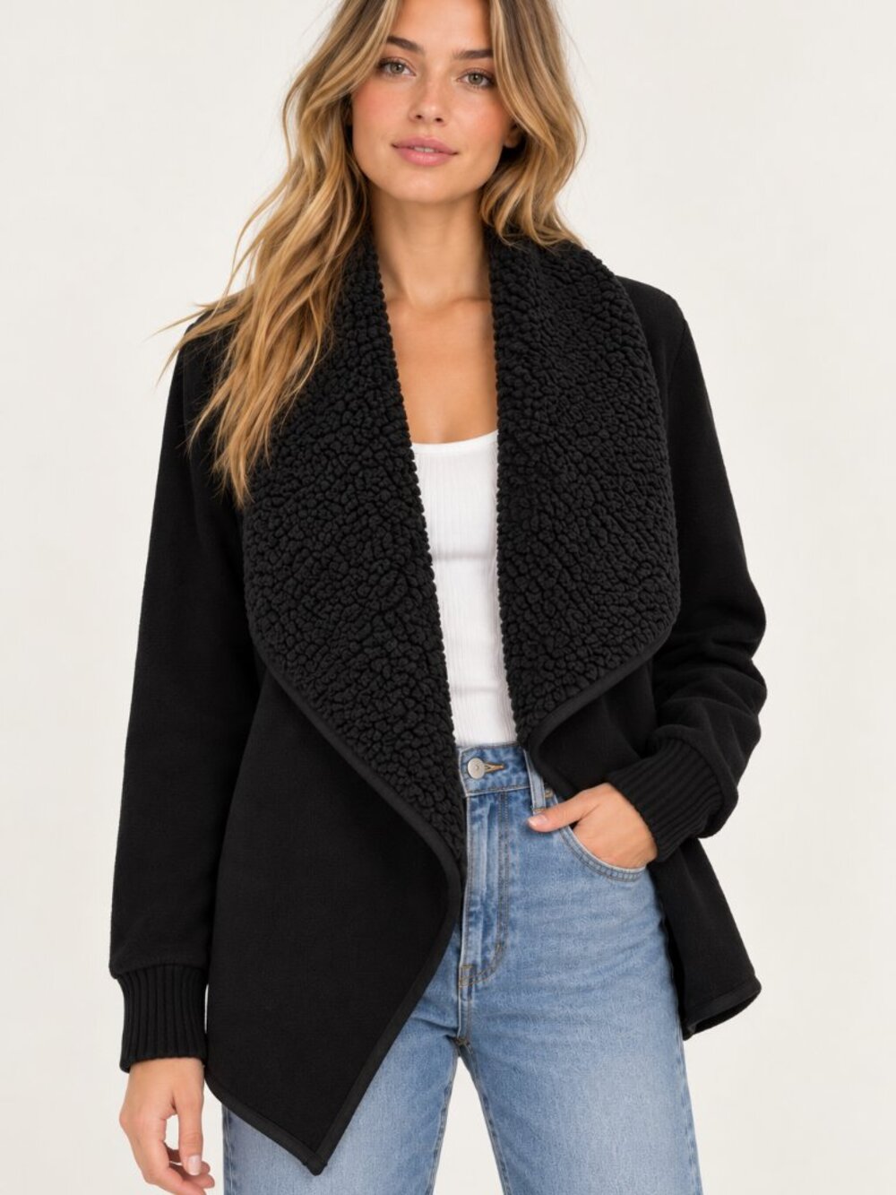 Abercrombie & Fitch Black Sherpa Fleece Waterfall Coat XS Cozy Jacket